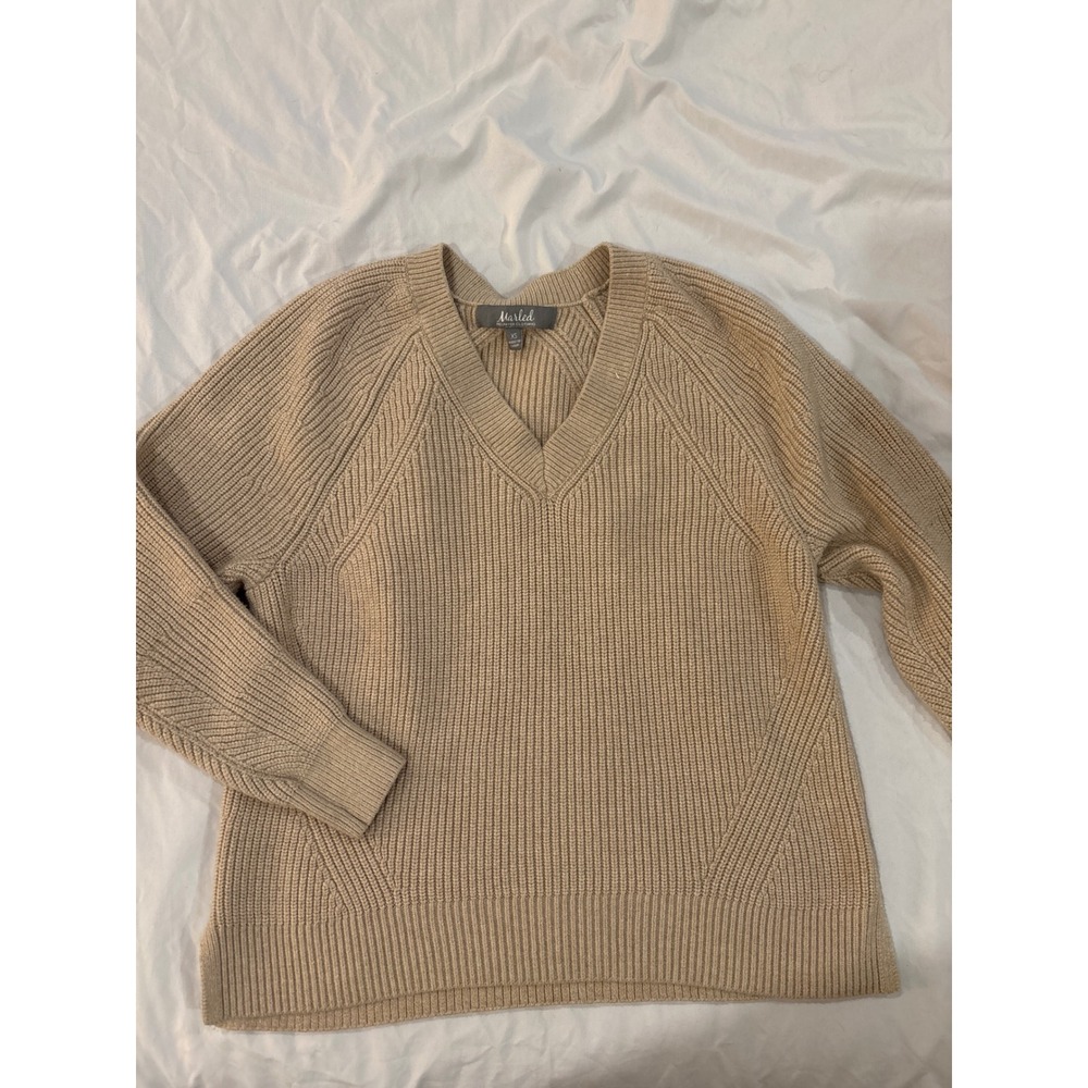 Marled Reunited Clothing Womens Tan Beige Ribbed V-Neck Raglan Sweater XS